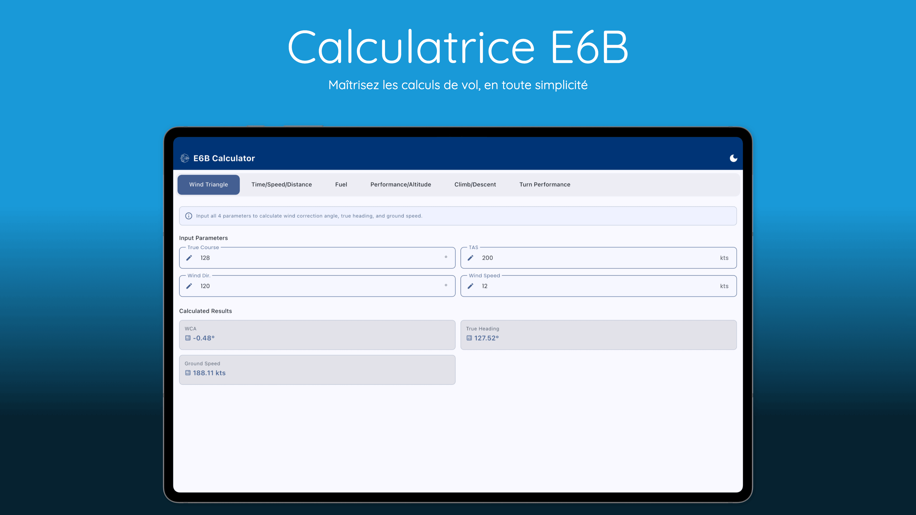 Interface du Calculateur E6B Pilot Kit montrant le calcul de carburant, la correction de vent et les fonctions d'altitude-densité